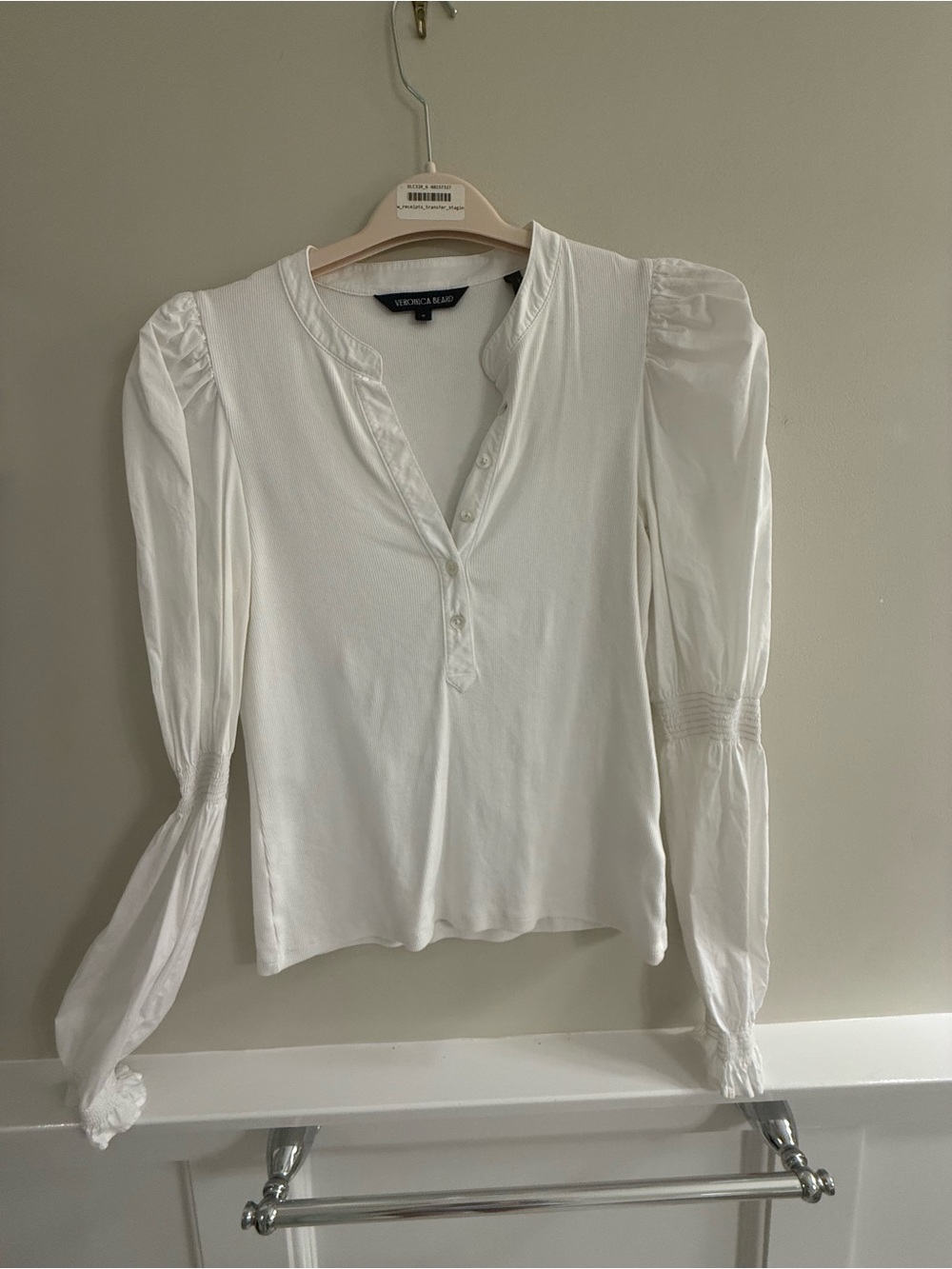 Veronica Beard Cream Puff-Sleeve Henley Long Sleeve Top